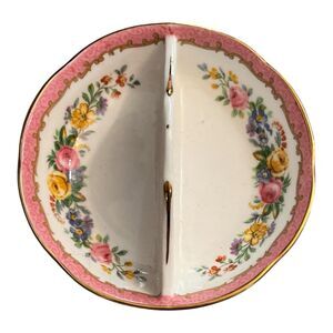 Vtg Staffordshire Fine Bone China Pink Floral Gold Trim Divided Bowl Salt Pepper